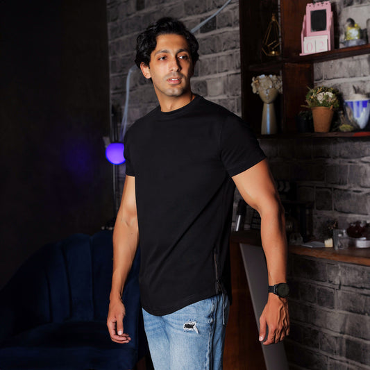 100% Cotton Curved design t-shirt with side zippers - Elite Collection