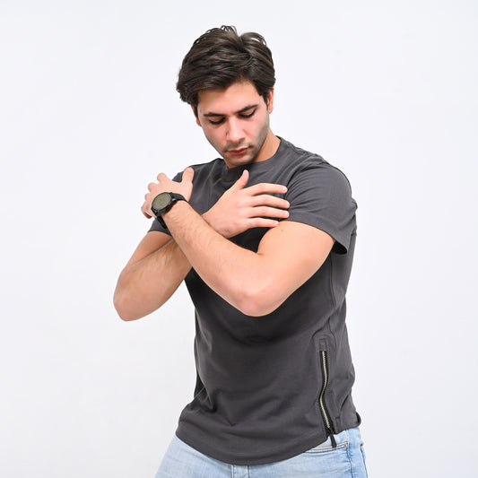 100% Cotton Curved design t-shirt with side zippers - Elite Collection